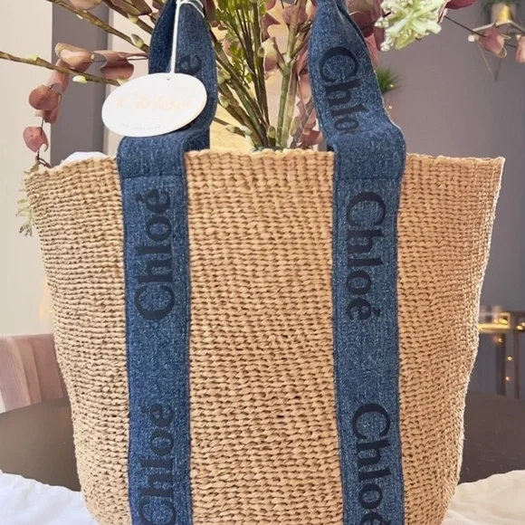 Chloe Tan and Blue Tote Bag Denim Accents Rare sold out - Picture 3 of 7